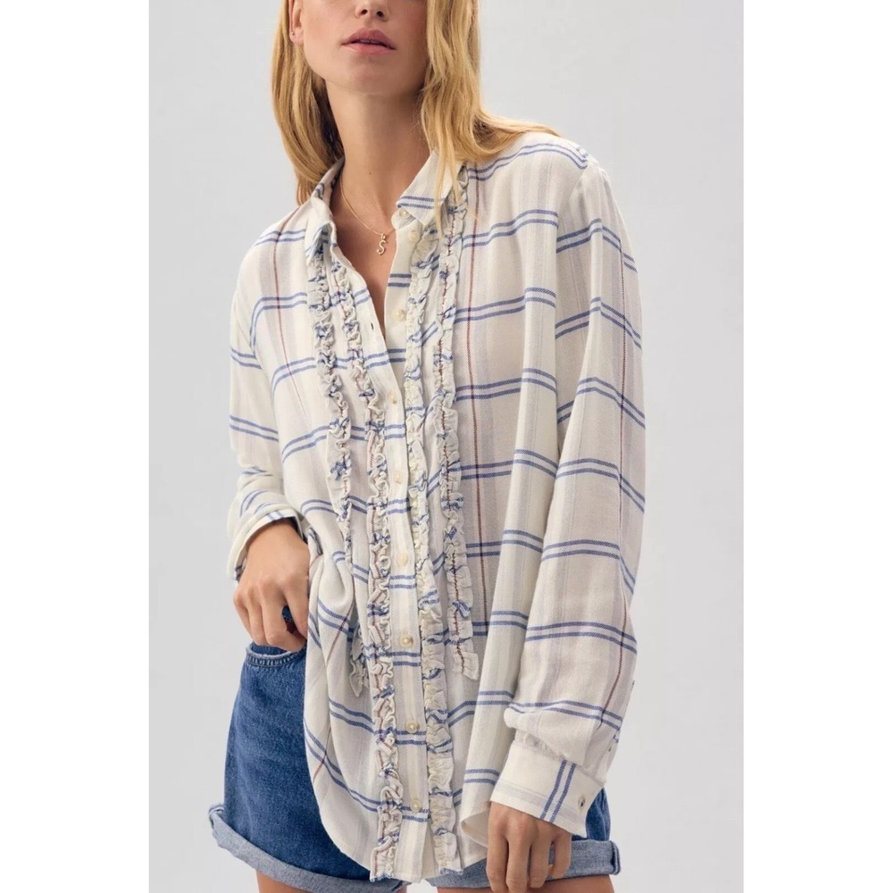 Anthropologie Pilcro Plaid‎ Tuxedo Ruffle Button Down Shirt Womens Large Petite